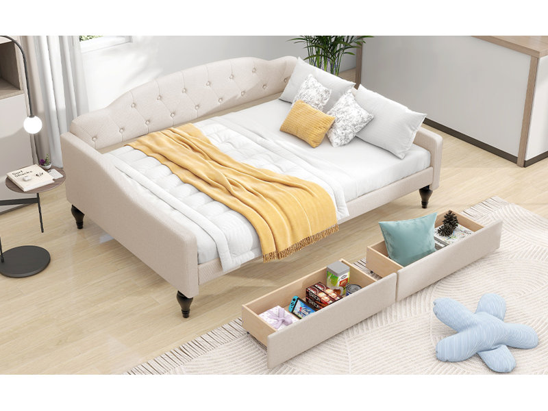 Lit plateforme tapissier avec tête de lit classique et 4 tiroirs, aucun sommier nécessaire, tissu en lin, grand lit blanc