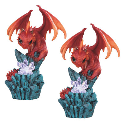 «2-PC Set» ICE ARMOUR H 7,5 po à DEL rouge avec dragon sur des rochers, statue, sculpture, ornement, décoration de la maison / chambre, et idées de cadeaux parfaits pour la pendaison de crémaillère, les fêtes et les anniversaires