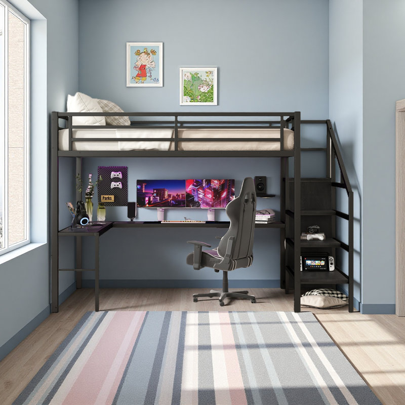 Grand lit mezzanine avec bureau en L et port USB, lit mezzanine en métal avec garde-robe et tablette réglable
