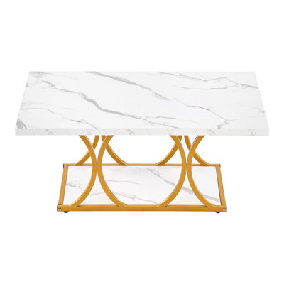 Table basse moderne à 2 niveaux en faux marbre, table centrale rectangulaire blanche avec pieds en métal géométriques dorés, table d'appoint à structure robuste pour le salon et le bureau, assemblage facile