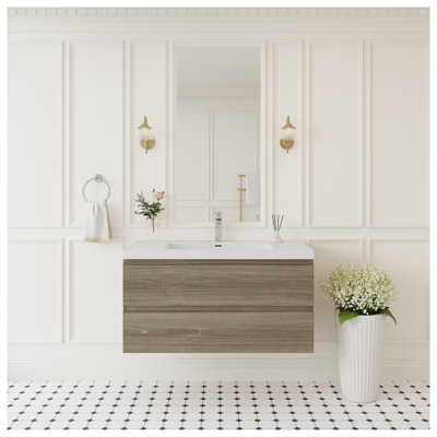 Meuble-lavabo suspendu de 107 cm (42 po) avec comptoir en surface solide et tiroirs à fermeture amortie, gris cendré