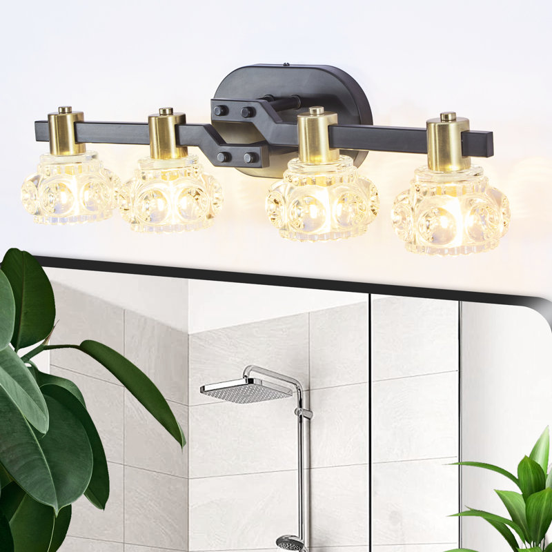 Applique murale à 4 branches avec abat-jour en cristal transparent, structure en fer noir, éclairage rétro pour salle de bain et garde-robe, éclairage lumineux et écoénergétique, installation facile, finition en fer vintage, pour meuble-lavabo, efficace et simple.