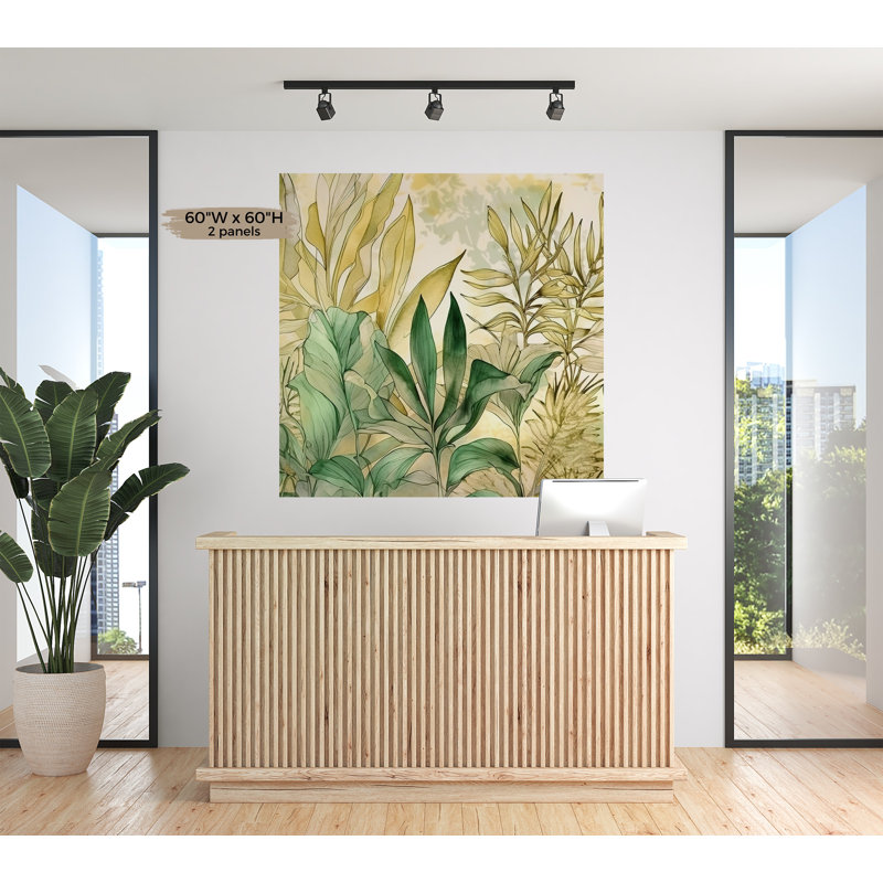 Murale botanique pelez et collez Odion - Aquarelle feuillage d'été, L 120 po x l 150 po
