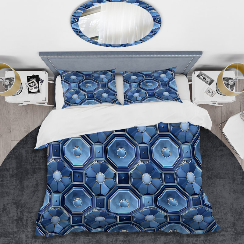 Blue Octagon Patten I - Ensemble de housse de couette moderne, Housse de couette très grand et 2 très grandes t