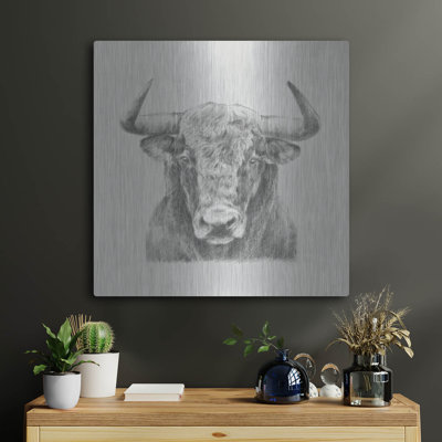 Art mural en métal luxueux «Black and White Bull» par Ethan Harper, 12 po x 12 po