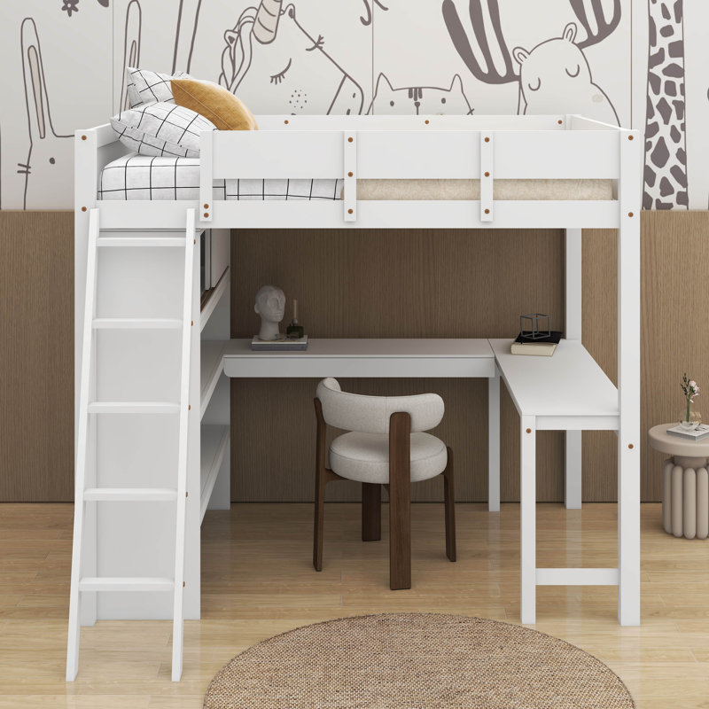Lit mezzanine double avec bureau et tablette, Blanc