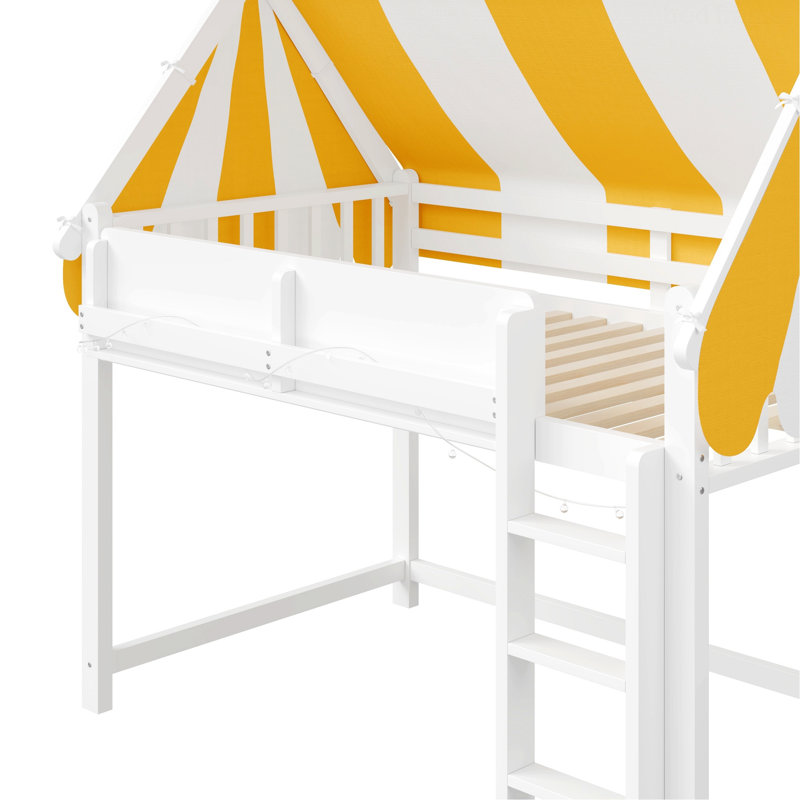 Lit mezzanine avec auvent, lumières DEL, tablette et base de lit pour économiser de l'espace, Double, Blanc