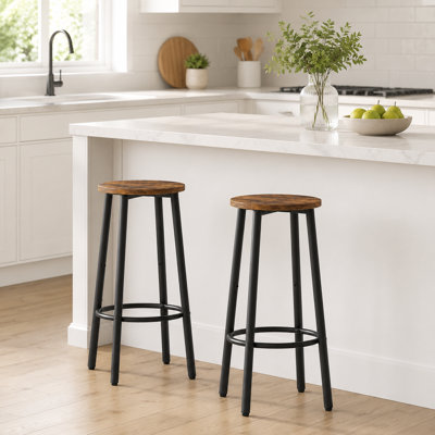 Set of 2 Rustic Brown Round Bar Stools, Sturdy Steel Frame Bar Chairs with Footrest, Breakfast Stools for Kitchen Dining Room, Easy Assembly