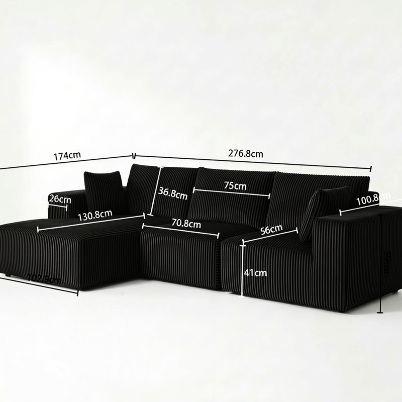 Canapé d'angle modulaire en velours côtelé noir 3 places, assise profonde de type nuage, méridienne moderne en forme de L, revêtement souple et insonorisé pour votre salon, aucun assemblage requis, grande durabilité.