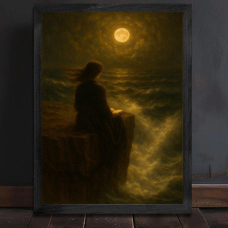 «Black Sea» rétro encadrée par une femme de mer au bord de la lune, lecture d'art mural, réalisme romantique, impressions de style classique