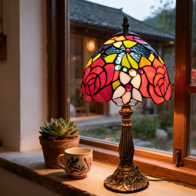 Tiffany Style Table Lamp With Stained Glass Shade, Handmade Antique Desk Light For Bedroom And Home Office Decor, Compact Retro Reading Lamp
