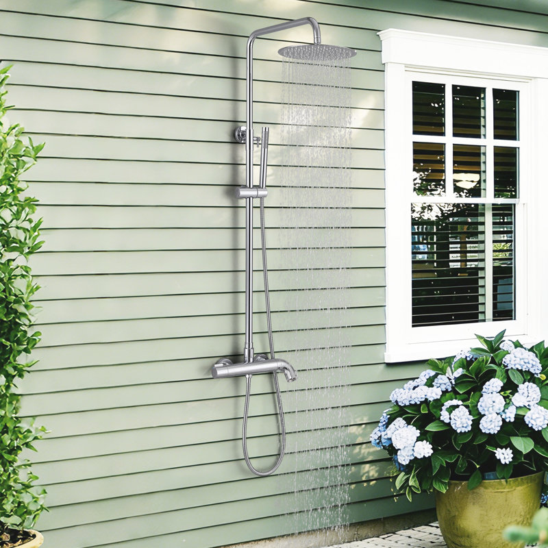 Wall Mount Solid Brass 3-Function Rust-free Outdoor Shower with Handheld Shower with Footwash Spout, Polished Chrome