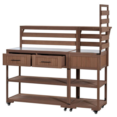 Patio Kitchen Island, Garden Potting Bench with Raised Shelf and Drawers