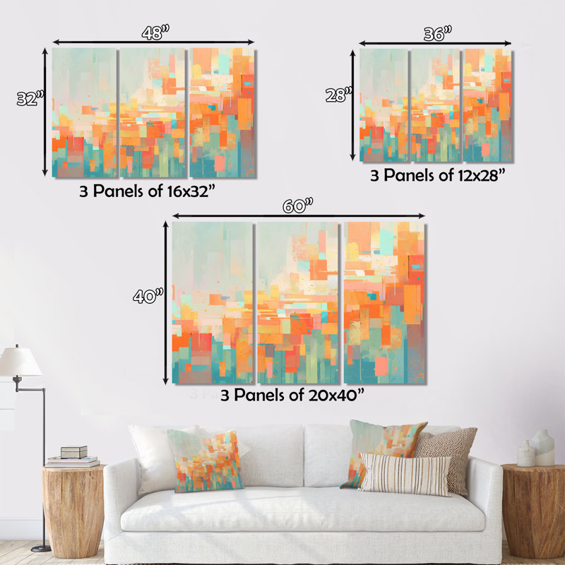 Orange vert vert brisé - 3 pièces sur toile tendue, H 28 po x l 36 po x P 1 po