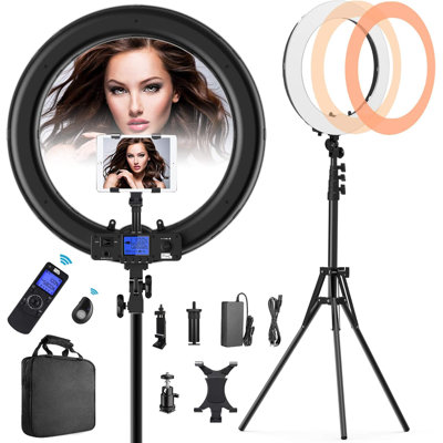 Anneau lumineux à DEL bicolore de 19 pouces avec télécommande sans fil, support pour iPad et support - Luminosité réglable 55 W 3000 K-5800 K, IRC supérieur ou égal à 97 pour la diffusion en direct, la prise de vue vidéo et l'autoportrait