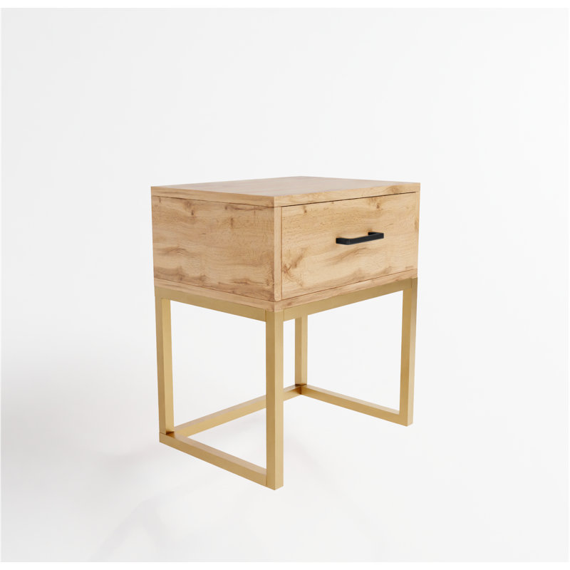 Abbie 40cm W Metal Bedside Table, Wotan Oak/Gold