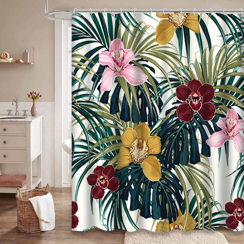 Rideau de douche imperméable à motif floral orchidée exotique avec 12 crochets, L 72 po x l 78 po