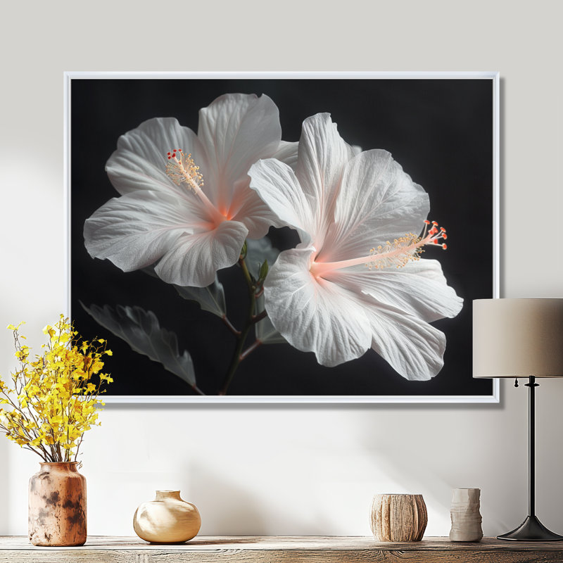 Hibiscus blanc botanique blanc cristal - Hibiscus, reproduction d'art murale, Toile encadrée flottée blanche