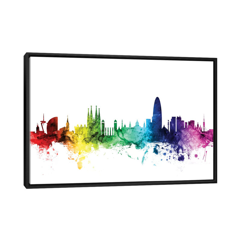 Rainbow Skyline Series: Barcelona, Espagne, impression sur toile tendue, H 32 po x l 48 po x P 1,5 po, Toile avec cadre noir