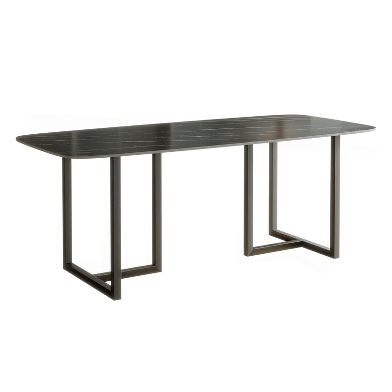 Carbon Steel Dining Table With Lauren Black Gold Stone Surface, 29.53"H x 70.87"L x 35.43"W