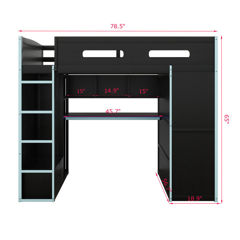 Full Size Wood Gaming Loft Bed With Built-In Desk, 2 Wardrobe, 2 Drawers, RGB LED Light And USB Port, Gamer-Inspired Design
