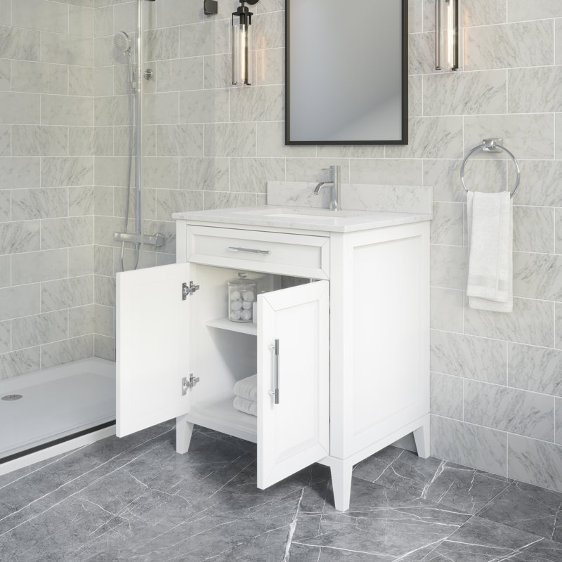 Jackson Solid Wood 30" W x 22" D Single Sink Bathroom Vanity with Engineered Stone Top, Drawer Organizer & Ceramic Undermount Sink (White)