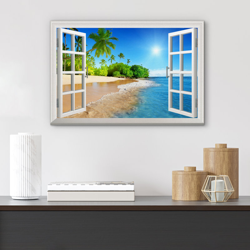 Beautiful Tropical Beach with White Sand, Clear Sea, and Palm Trees Under Blue Sunny Sky - Print on Canvas