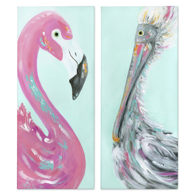 «Odd Flamingo Pelican Profile», ensemble de 2 toiles d'art par Estelle Grengs
