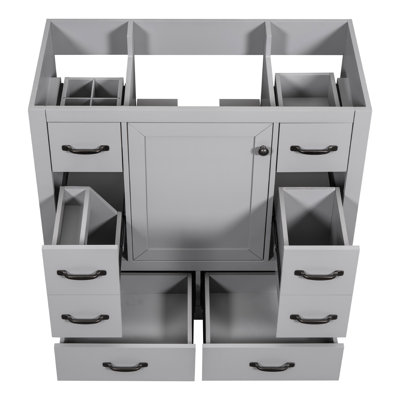 36" Bathroom Vanity, Grey Finish, 6 Drawers, Adjustable Shelf, Solid Wood Modern Cabinet, Grey,