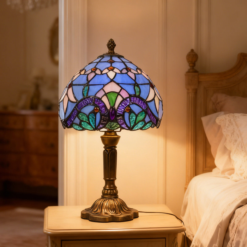 12''h Tiffany Style Table Lamp, Resin Base And Stained Glass Lampshade Table Lamp