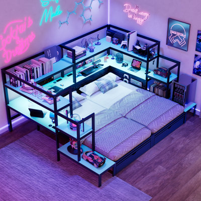 Lit de jour simple avec bureau, lumière DEL, station de charge, tiroirs de rangement et bibliothèque de tête de lit, noir et bleu