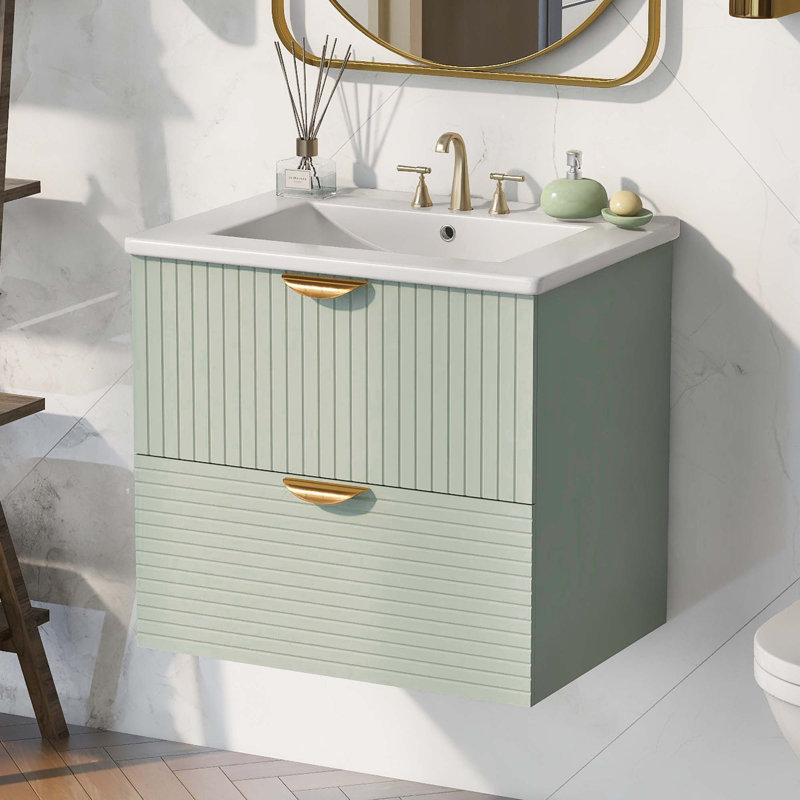 Meuble-lavabo mural moderne à 2 tiroirs, Vert