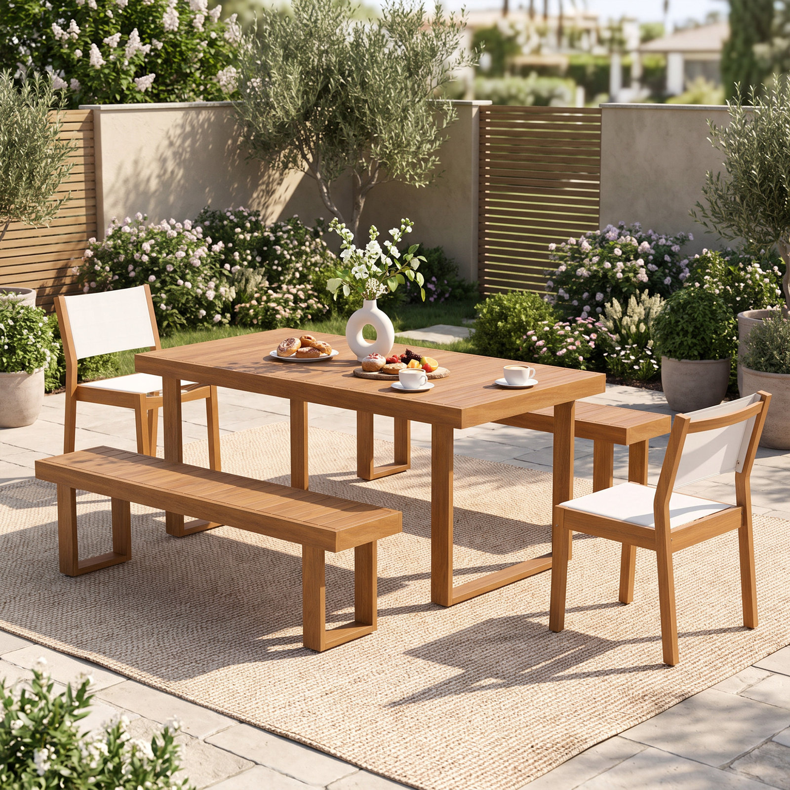 Mirella Acacia Outdoor Dining Set, 5 Pieces: Table, 2 Benches, 2 Chairs
