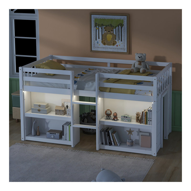 Twin Size Kid Low Loft Bed With Two-Tier Shelves And LED Light For White Colour