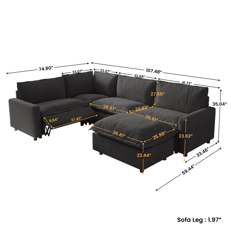 Canapé modulaire inclinable électrique en U 5 pièces avec siège à gravité zéro et sièges chauffants, Lin gris