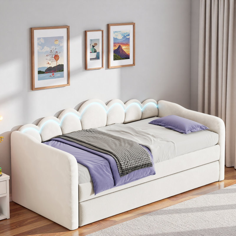 Upholstery Daybed With Led Light, Trundle And Cloud Backrest, White