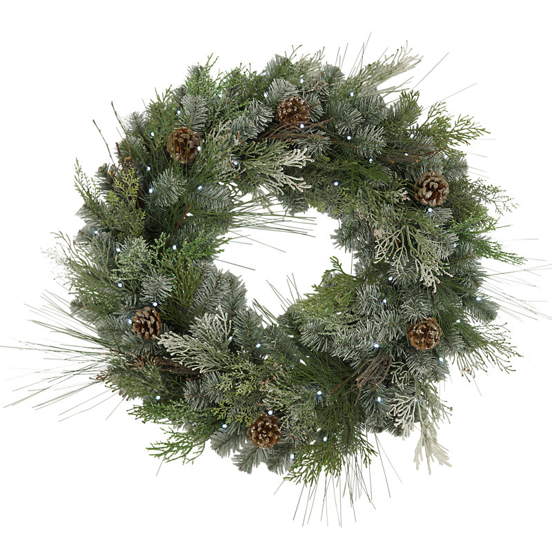 Pre Lit Led Snowy Mixed Pine Wreath With Pinecones
