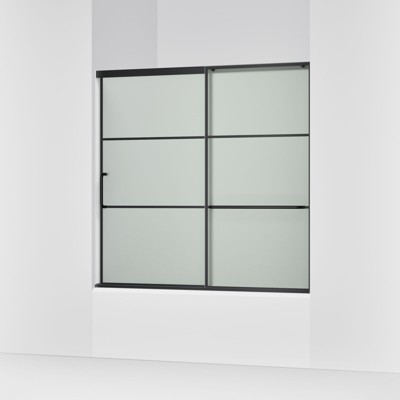 Elate Sliding Bath Door, 56-3/4-In H X 56-1/4 - 59-5/8-In W, With 1/4-In Thick Frosted Glass With Rectangular Grille Pattern