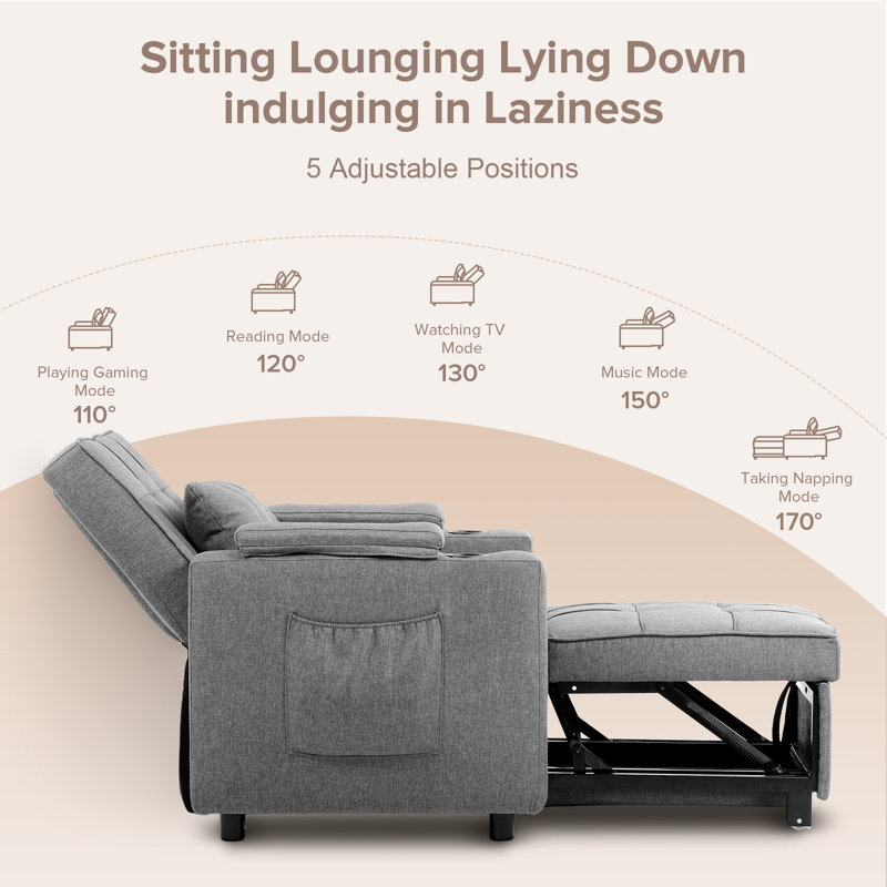 Kevron 35.43'' 3-in-1 Futon Armchair Bed Sleeper with Cup Holders, Side Pockets