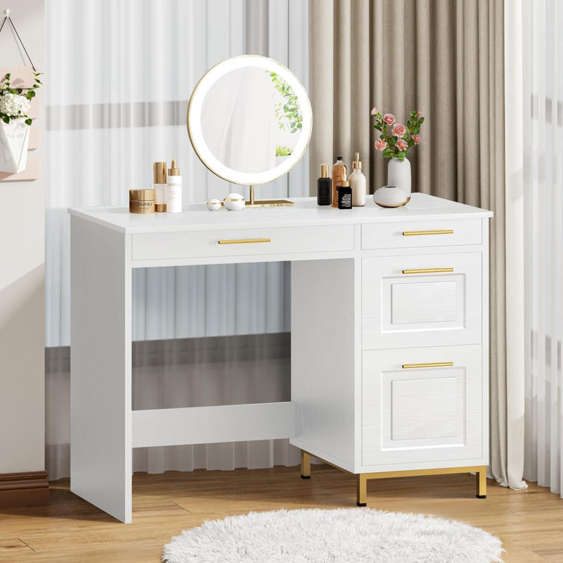 Hasib Rectangle Computer Desk，Desk with Drawers, 43” Home Office Executive Desk with Drawers, Gold Hardware for Small Space, Small Desk for Bedroom