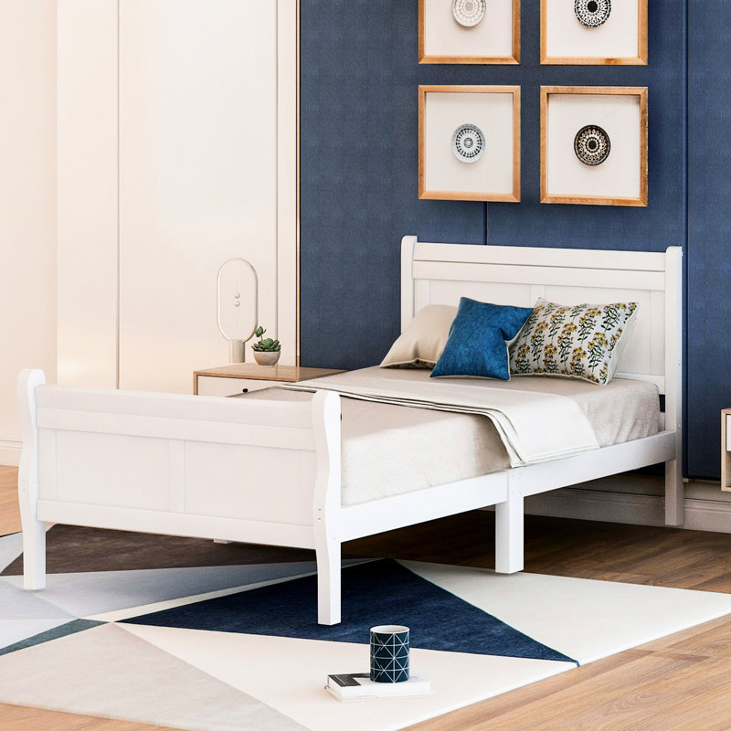 White Twin Bed - Solid Wood With Headboard, & Platform Frame Headboard