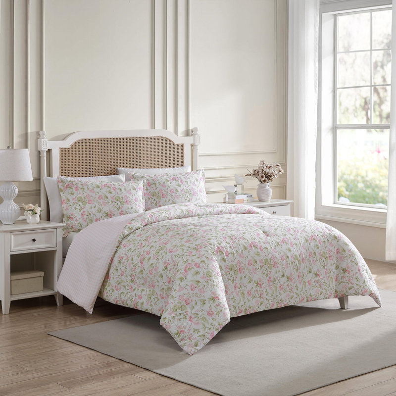 Pink Floral Cotton Full Reversible Bedspread Set