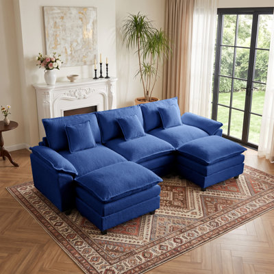 Natanael Modern 5 Seat Dark Blue Chenille Upholstered U Shaped Sectional Sofa With 2 Reversible Ottomans, Extra Deep Seat Cloud Couch With Thick Pocket Spring Cushion Design For Living Room