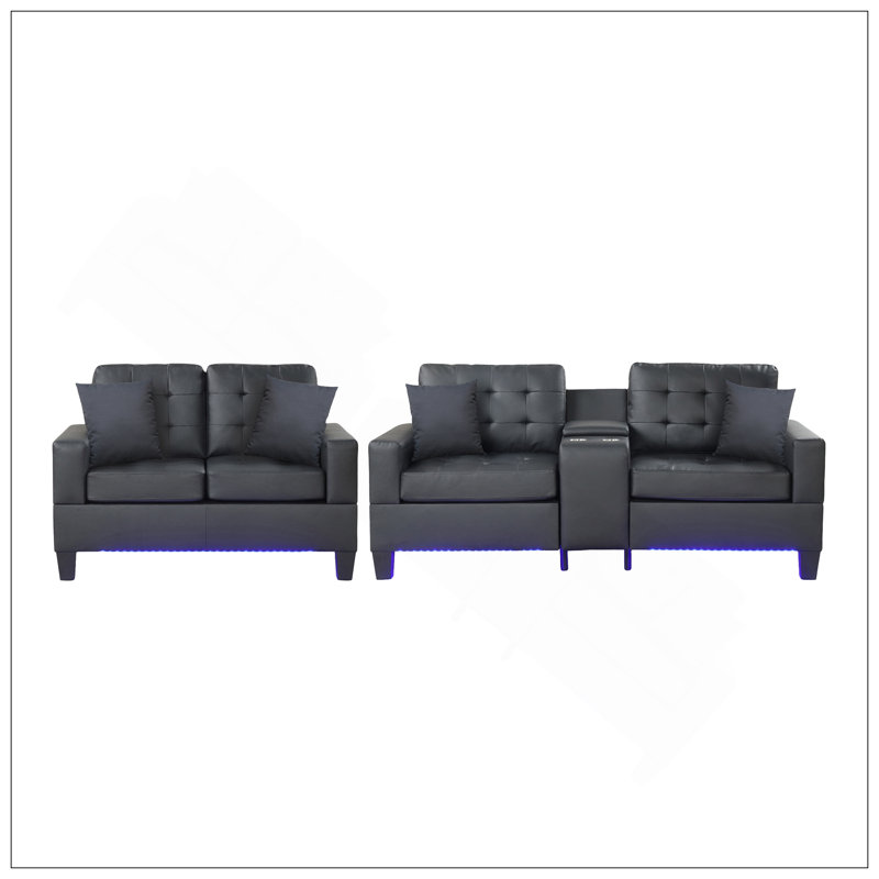 Ensemble de canapé-lit en tissu de PVC noir avec lumières DEL, chargeur USB, console de rangement, porte-gobelets, coussins capitonnés