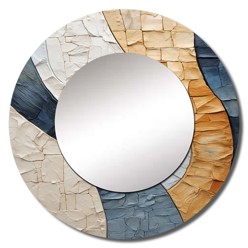 Peinture bleue minimaliste en pierre spirituelle - miroir géode en pierre, miroir mural rond beige, impression d'art en métal