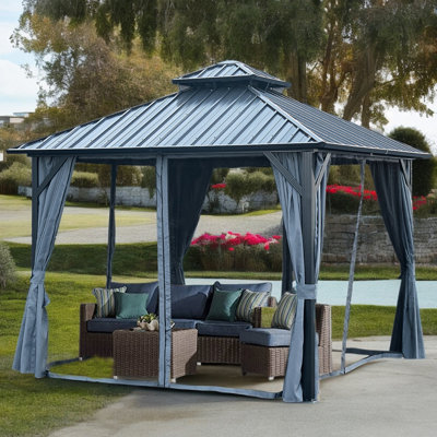 Aluminum Gazebo with Steel Canopy, Curtain,Outdoor  Permanent Hardtop Gazebo Canopy