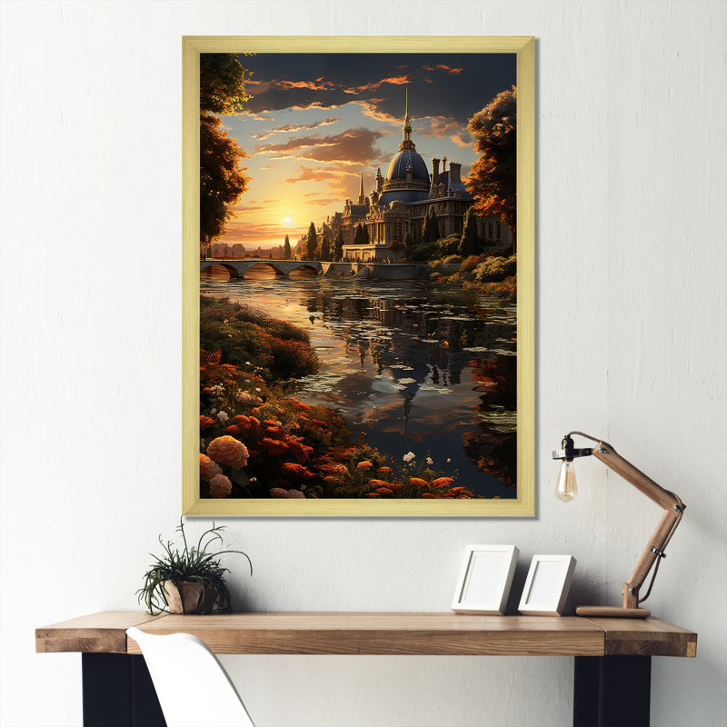 Coucher de soleil sur la seine à Paris sur toile, Cadre doré simple, H 32 po x l 16 po x P 1 po