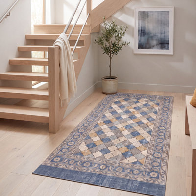 Tapis Eddy moderne à motifs mosaïques abstraites, bleu, gris, or, crème, ivoire, antidérapant, à poils courts, pour l'intérieur et l'extérieur, adapté aux animaux domestiques, salon, chambre, salle à manger, entrée, couloir, bureau, lavable
