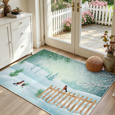 Tapis d'intérieur transparent lavable à la machine, motif paysage d'hiver avec clôture enneigée