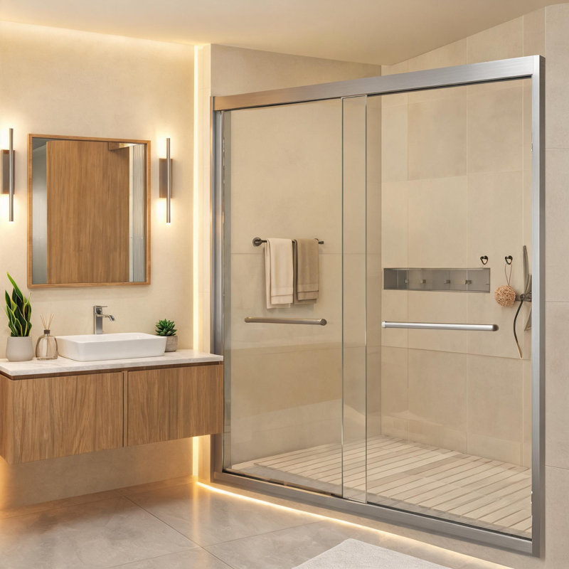 Porte de douche coulissante double en verre trempé nickel brossé avec pellicule anti-explosion, cadre en aluminium et poignée en acier inoxydable.